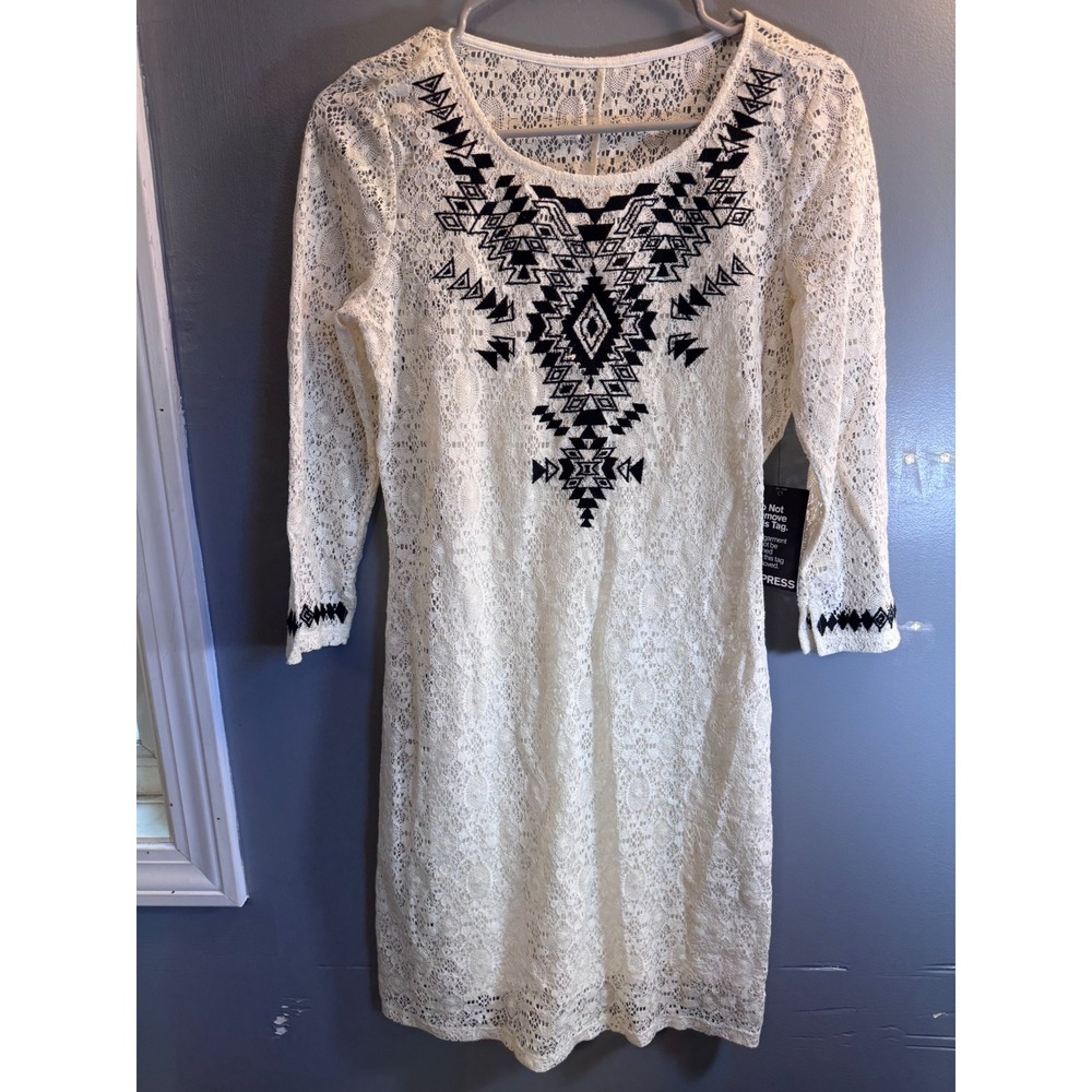 Express Ivory Lace Embroidered Long Sleeve Sheath Dress White Black Small NWT - Picture 13 of 15